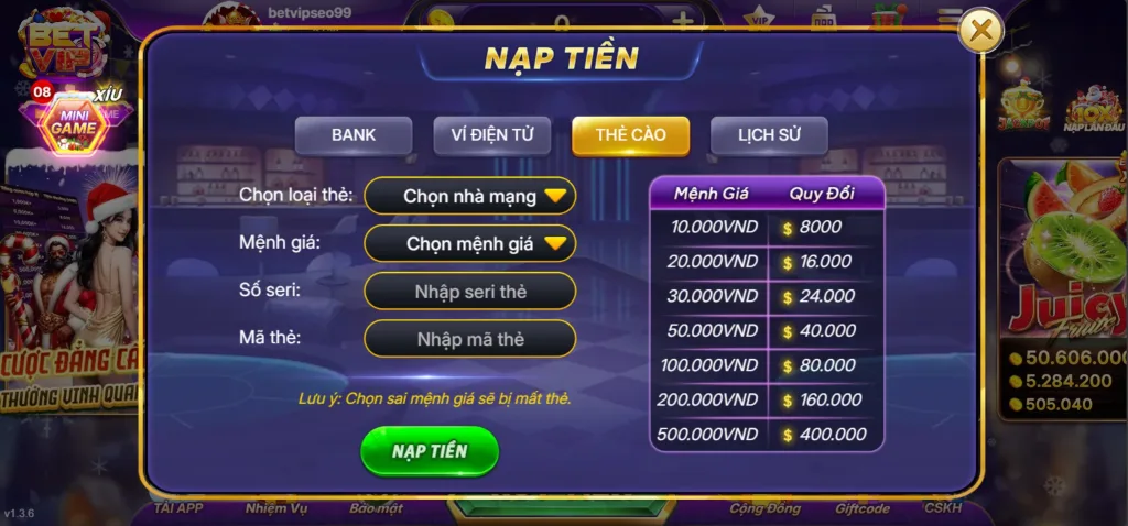 Nạp Tiền Thẻ Cào Betvip